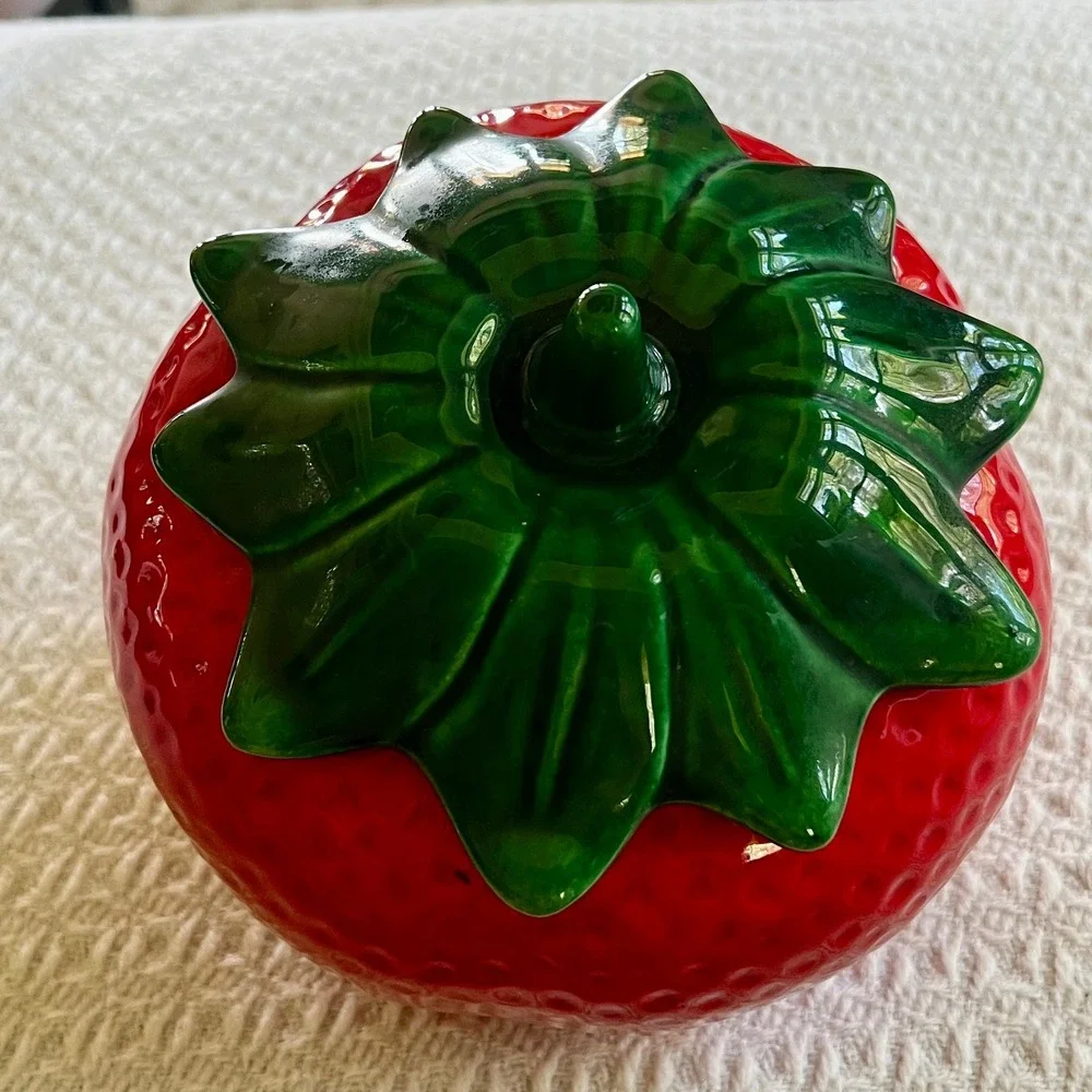 Vintage Ceramic Strawberry Lidded Jar Red Green Fruit Canister Cottagecore Decor